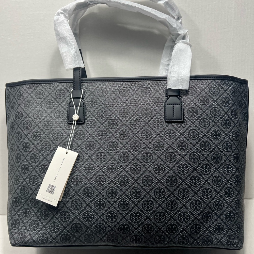 Tory Burch T Monogram Coated Canvas Tote Bag In Black MSRP $328 - Picture 5 of 7
